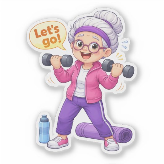 Cute Grandma Exercising Custom-Cut Vinyl Sticker シール (正面)