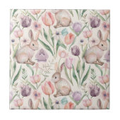 Cute Gray Bunny with Colorful Tulips タイル (正面)