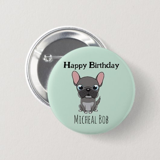 Cute gray happy birthday custom name pug dog blue 缶バッジ (正面&裏面)