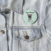 Cute gray happy birthday custom name pug dog blue 缶バッジ (インサイチュ)