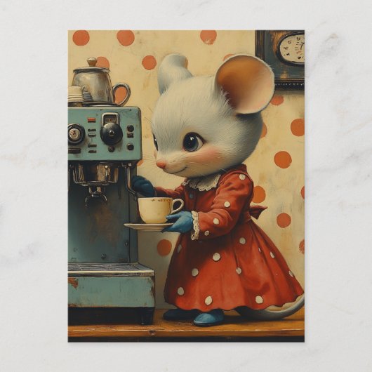 Cute Gray Mouse Makes Coffee ポストカード (正面)