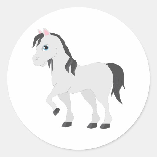 Cute Gray Pony Cartoon Whimsical Horse ラウンドシール (正面)