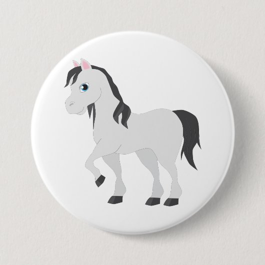 Cute Gray Pony Cartoon Whimsical Horse 缶バッジ (正面)