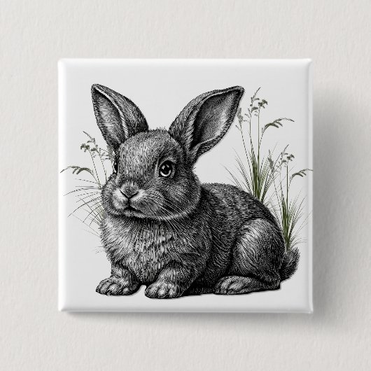 Cute Gray Rabbit Among the Grass 缶バッジ (正面)
