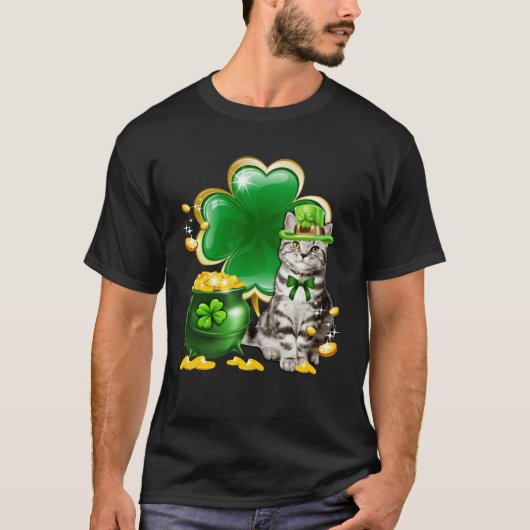 Cute Gray Tabby Cat Shamrock Irish Saint St Patric Tシャツ (正面)
