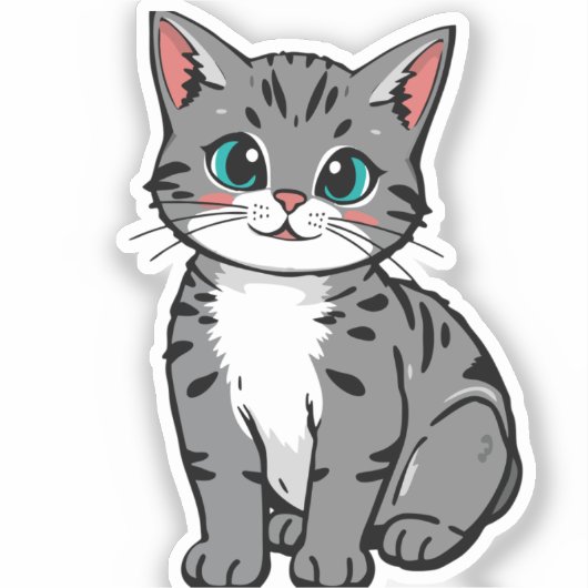 Cute Gray Tabby Cat Sticker – Adorable Cartoon Kit シール (正面)