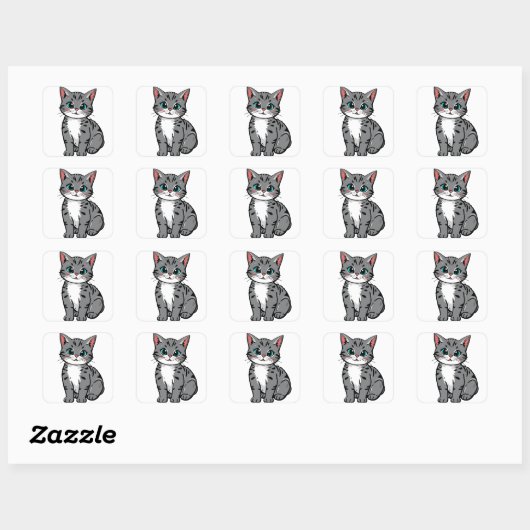 Cute Gray Tabby Cat Sticker – Adorable Cartoon Kit スクエアシール (シート)