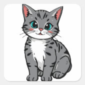 Cute Gray Tabby Cat Sticker – Adorable Cartoon Kit スクエアシール (正面)