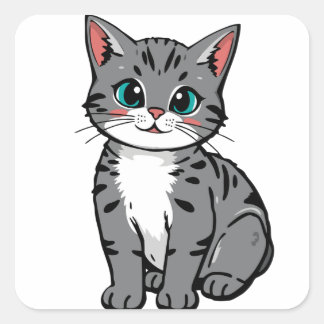 Cute Gray Tabby Cat Sticker – Adorable Cartoon Kit スクエアシール