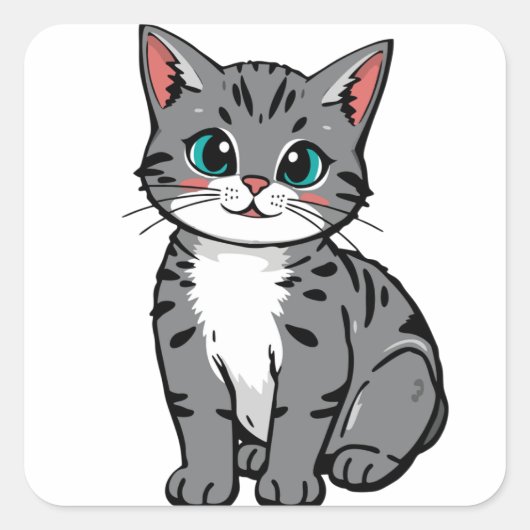 Cute Gray Tabby Cat Sticker – Adorable Cartoon Kit スクエアシール (正面)