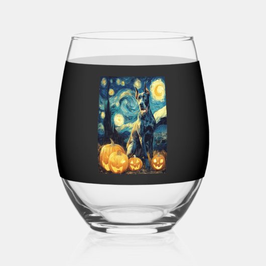 Cute Great Dane Dog Halloween Jack O Lantern Pumpk ステムなしワイングラス (正面)