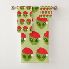 Cute Green Alien in Santa Hat Pattern バスタオルセット