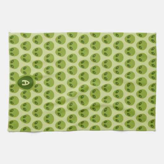Cute Green Alien Pattern Monogram キッチンタオル (横)