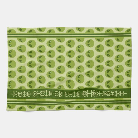 Cute Green Alien Pattern with Your Name in Glyphs キッチンタオル (横)