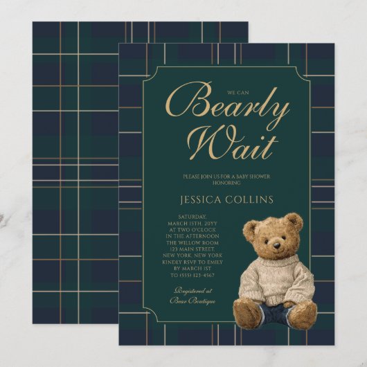 Cute Green and Blue We Can Bearly Wait Baby Shower 招待状 (正面/裏面)