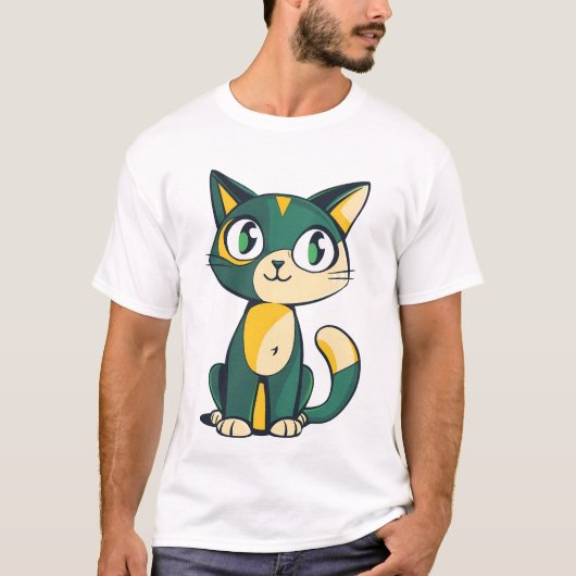 Cute Green and Yellow Cartoon Cat Illustration Tシャツ (正面)