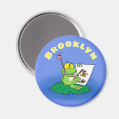 Cute green artist frog on lily pad cartoon magnet マグネット (正面/裏面)