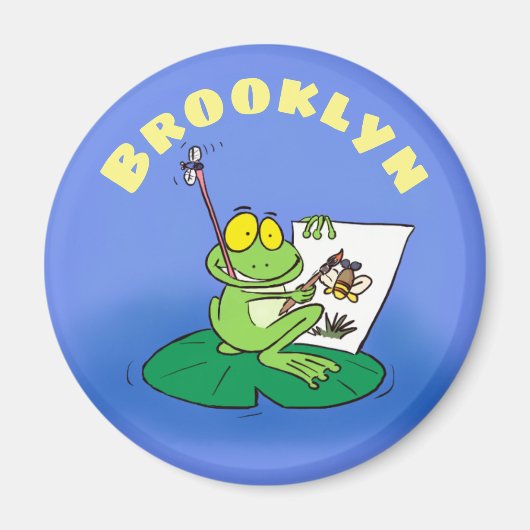 Cute green artist frog on lily pad cartoon magnet マグネット (正面)