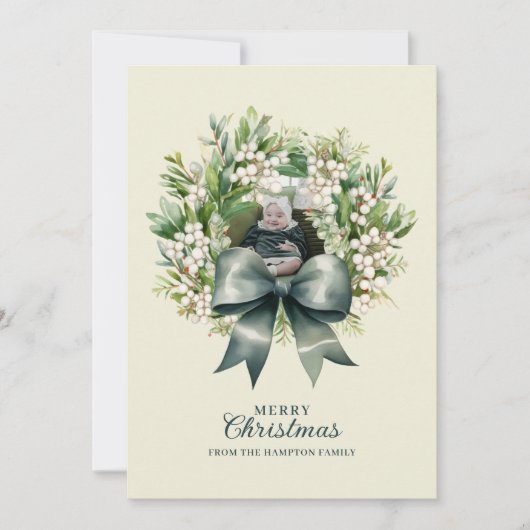 Cute Green Bow Wreath Photo Christmas シーズンカード (正面)