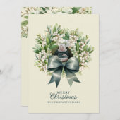 Cute Green Bow Wreath Photo Christmas シーズンカード (正面/裏面)