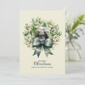 Cute Green Bow Wreath Photo Christmas シーズンカード (スタンド正面)