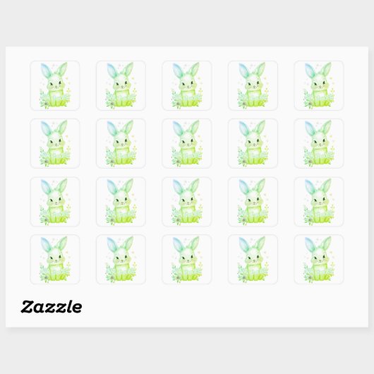 Cute Green Bunny Party Theme Pastel Floral スクエアシール (シート)