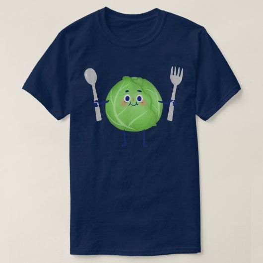 Cute Green Cabbage Vegetable Holding Fork and Spoo Tシャツ (デザイン正面)