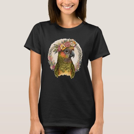 Cute Green Cheek Conure Parrot Bird Flower Crown P Tシャツ (正面)