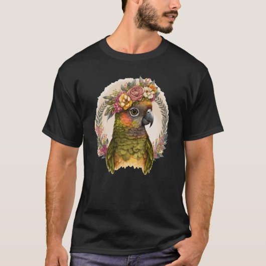 Cute Green Cheek Conure Parrot Bird Flower Crown P Tシャツ (正面)