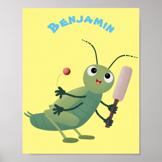 Cute green cricket insect cartoon illustration ポスター (正面)