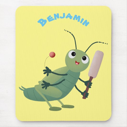 Cute green cricket insect cartoon illustration マウスパッド (正面)