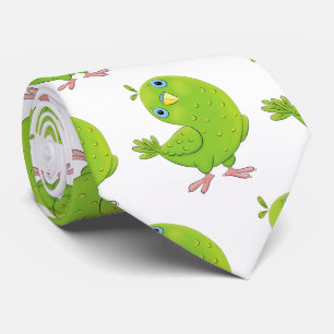 Cute green curious parakeet cartoon illustration ネクタイ