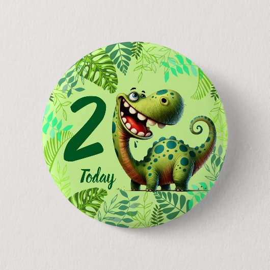 Cute Green Dinosaur 2nd Birthday 缶バッジ (正面)