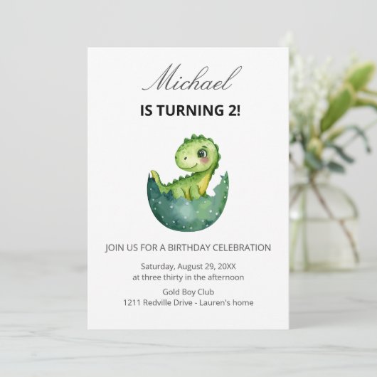 Cute Green Dinosaur 2nd Birthday Party  招待状 (スタンド正面)