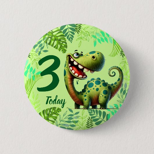Cute Green Dinosaur 3rd Birthday 缶バッジ (正面)