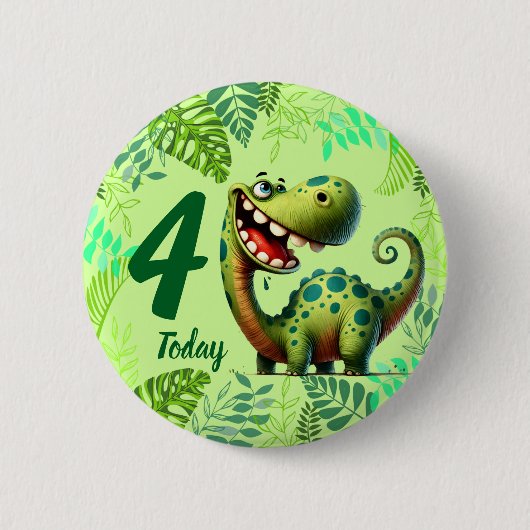 Cute Green Dinosaur 4th Birthday 缶バッジ (正面)