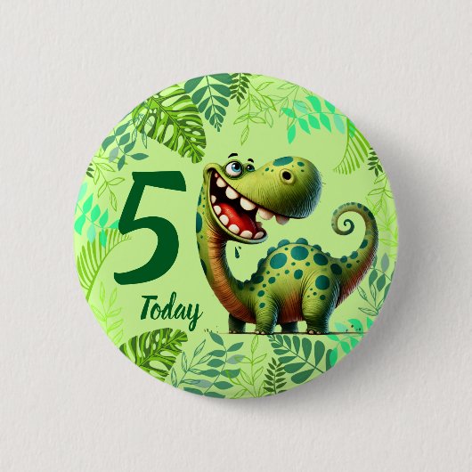 Cute Green Dinosaur 5th Birthday 缶バッジ (正面)