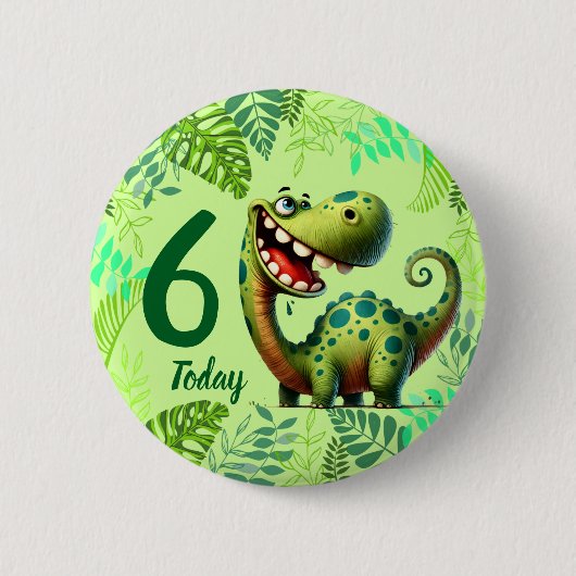 Cute Green Dinosaur 6th Birthday 缶バッジ (正面)