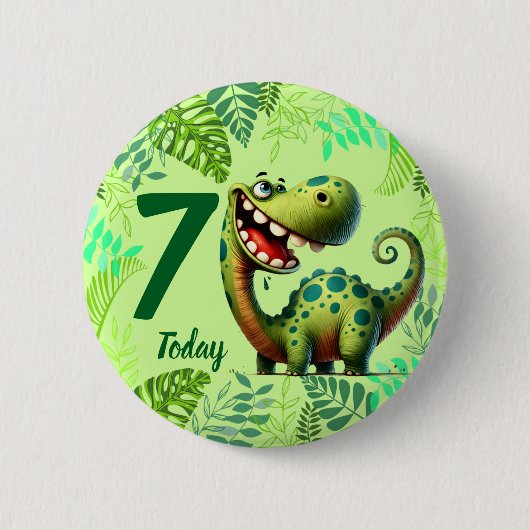 Cute Green Dinosaur 7th Birthday 缶バッジ (正面)
