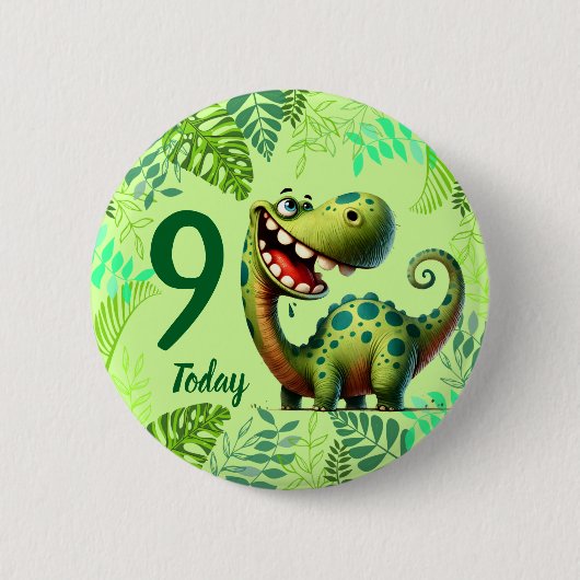 Cute Green Dinosaur 9th Birthday 缶バッジ (正面)