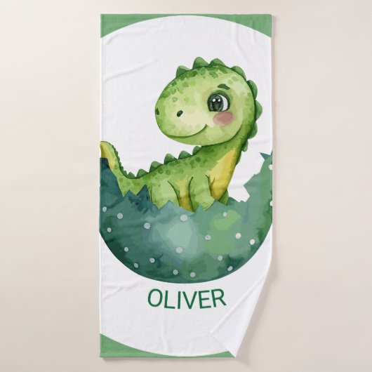 Cute Green Dinosaur Custom Watercolor Pastel バスタオル (バスタオル)