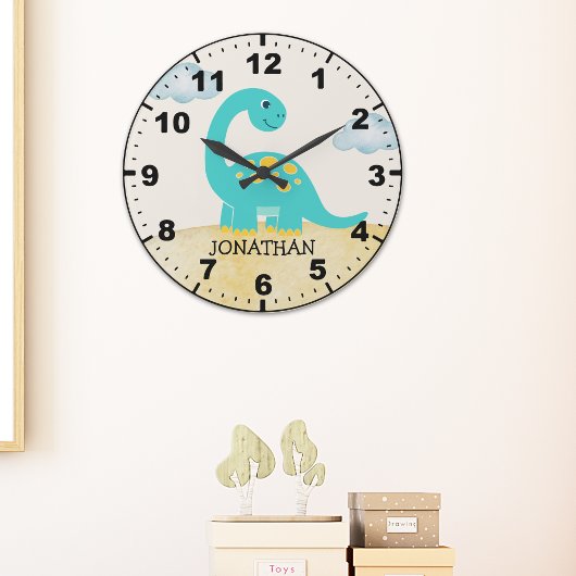 Cute Green Dinosaur Decoration Room Kid's ラージ壁時計