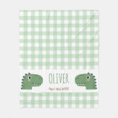 Cute Green Dinosaur Head Gingham Name Birth フリースブランケット (正面)