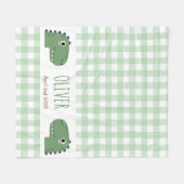 Cute Green Dinosaur Head Gingham Name Birth フリースブランケット (正面(横))