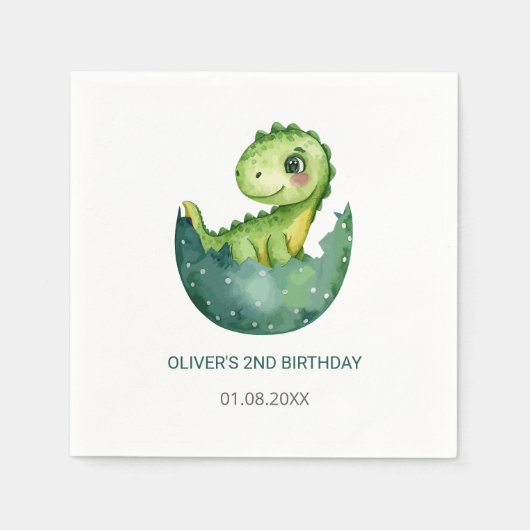 Cute Green Dinosaur Watercolor Kids Birthday Party スタンダードカクテルナプキン (正面)