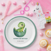 Cute Green Dinosaur Watercolor Kids Birthday Party ペーパープレート (パーティー)