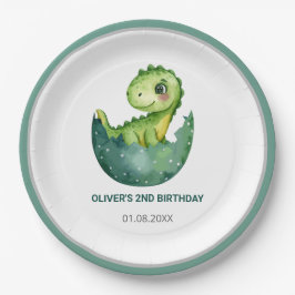 Cute Green Dinosaur Watercolor Kids Birthday Party ペーパープレート