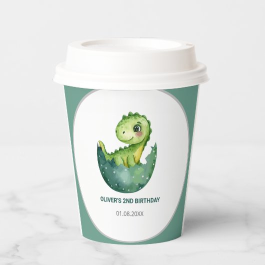 Cute Green Dinosaur Watercolor Kids Birthday Party 紙コップ (正面)