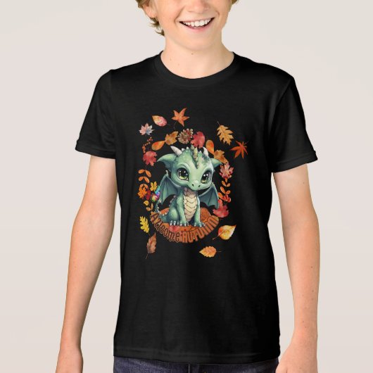 Cute Green Dragon “Autism Awesome Autumn” Design  トライブレンドＴシャツ (正面)