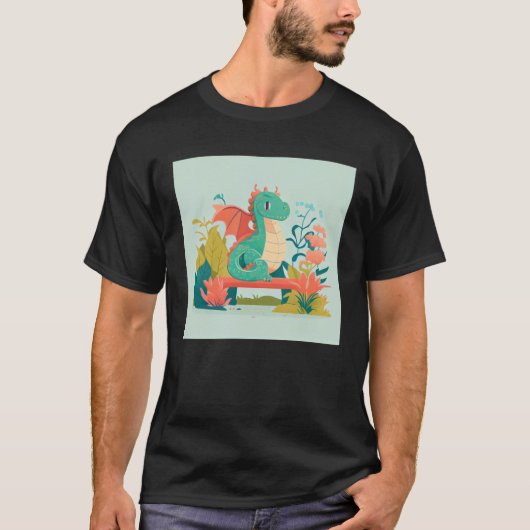 Cute Green Dragon sitting on bench in a garden for Tシャツ (正面)
